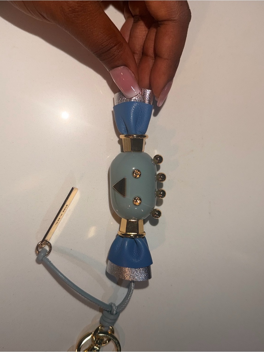 Prada Kids Light Blue Leather Charm Keychain with Gold Accents - Picture 5 of 6